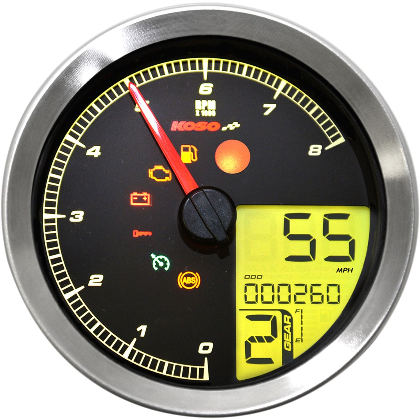 Koso Speedometer/Tachometer Silver Bezel LCD Color Change Display BA051201_410303