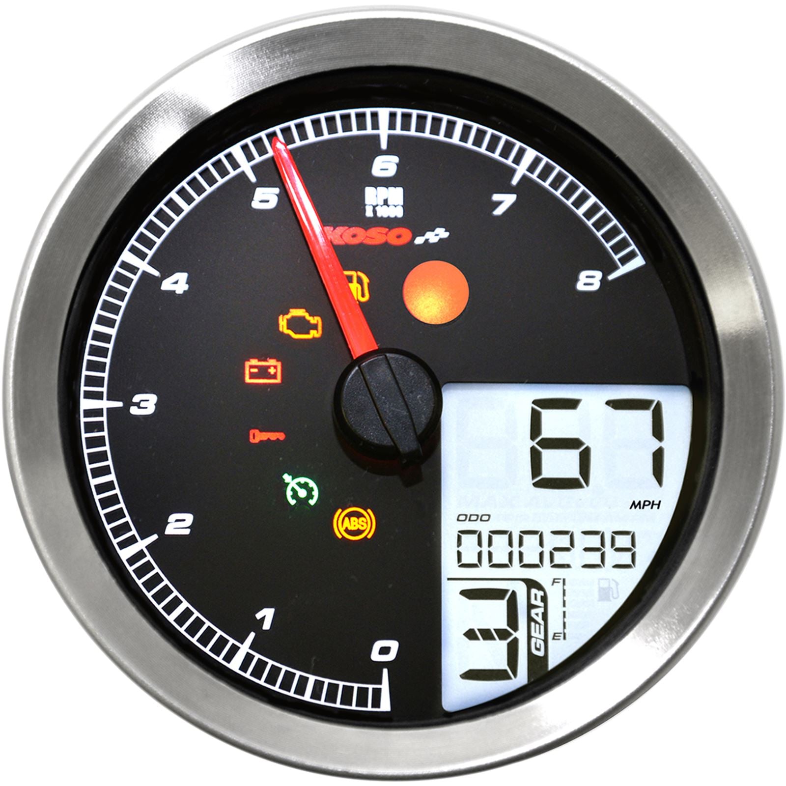 Koso Speedometer/Tachometer Silver Bezel LCD Color Change Display BA051201_410304