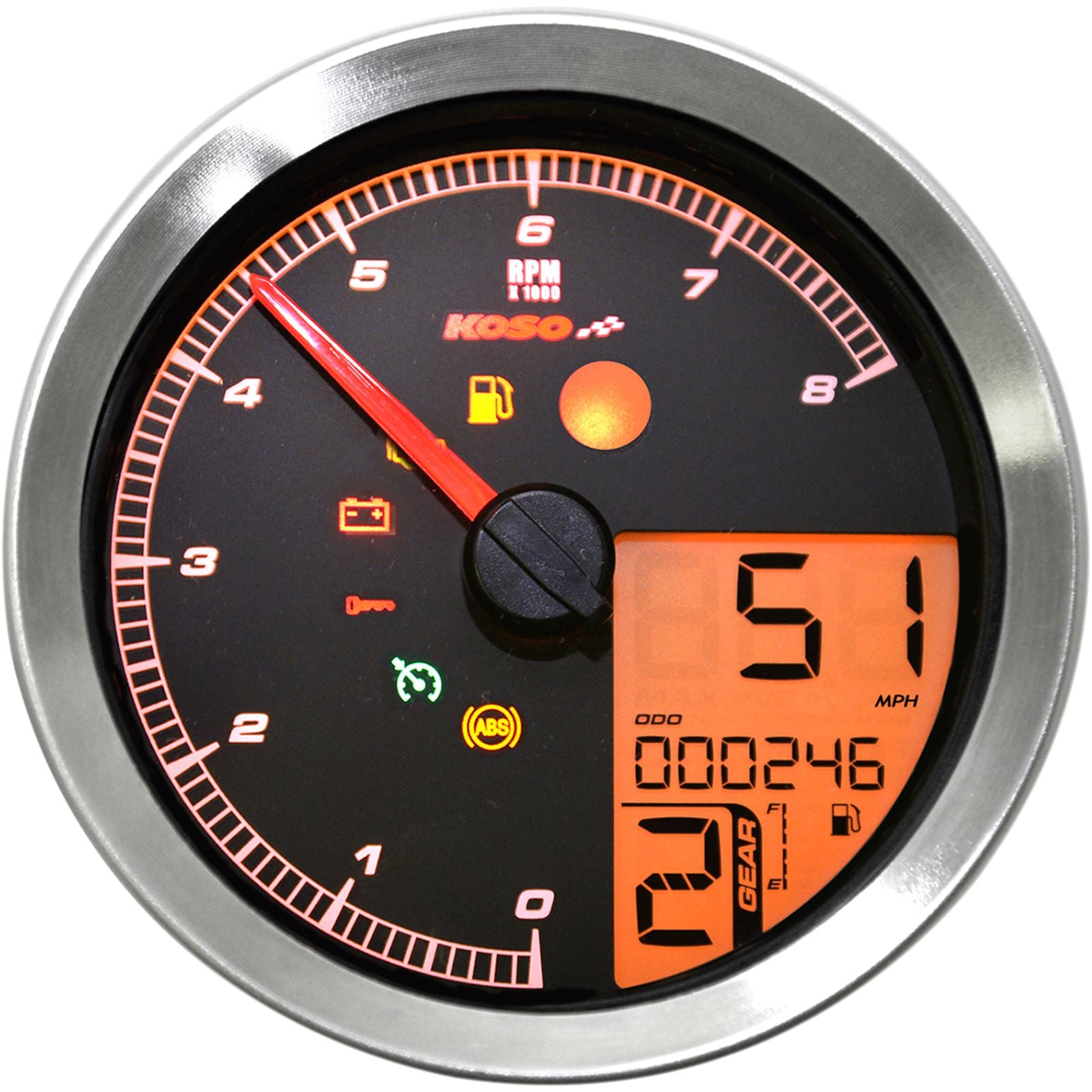 Koso Speedometer/Tachometer Silver Bezel LCD Color Change Display BA051201_410305