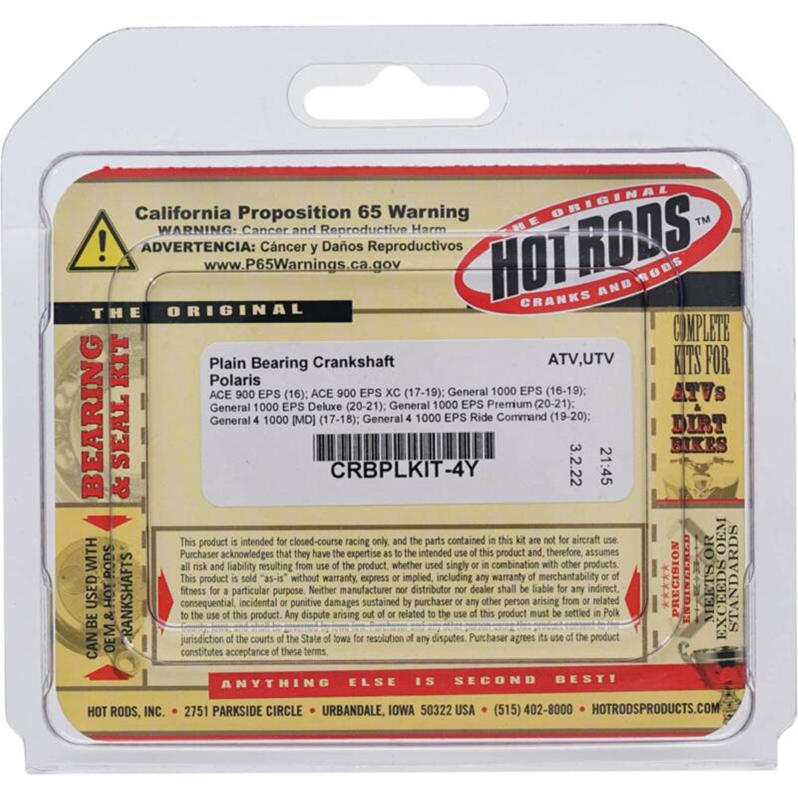 Hot Rods Plain Bearing Crankshaft Yellow (1.506-1.510) OE# 3514662-004 CRBPLKIT-4Y_1649282