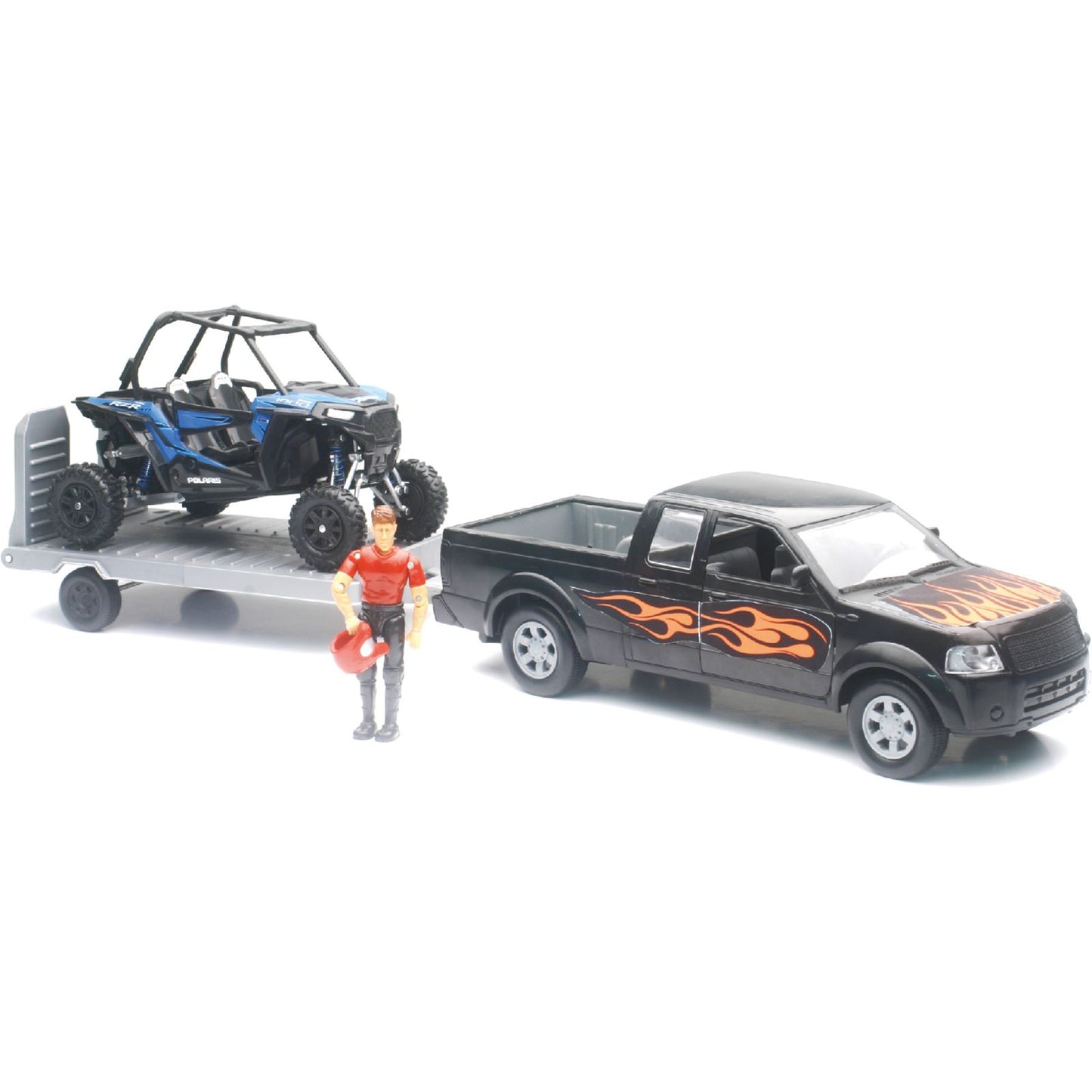 New-Ray Toys Replica 1:18 Truck/Trailer/UTV - Black and Polaris RZR 1000XP - Blue SS-37426B_39810