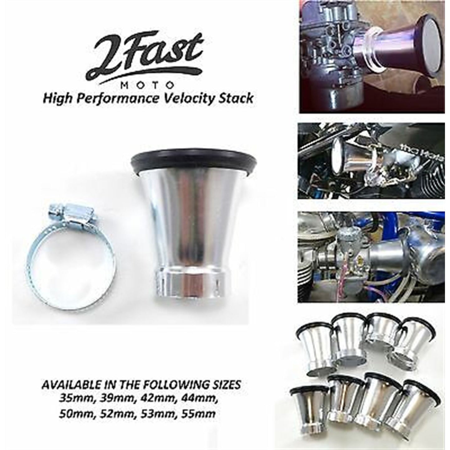 2FastMoto Silver Aluminum Velocity Stack 53mm I.D. x 62mm Trumpet Style RY-VS53_627715