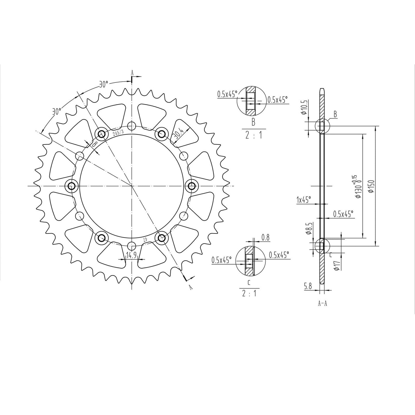 BikeMaster Rear Sprocket 520 - 47-Tooth 240 245/3 47_130037
