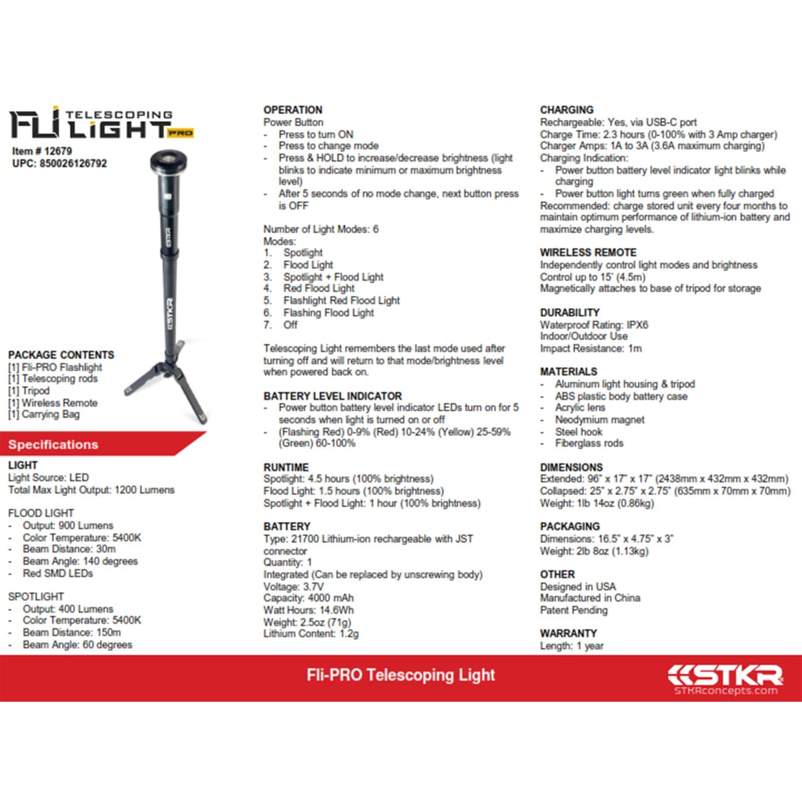 STKR Fli-Pro Telescoping Light 8' with Removable Flashlight 12679_880901