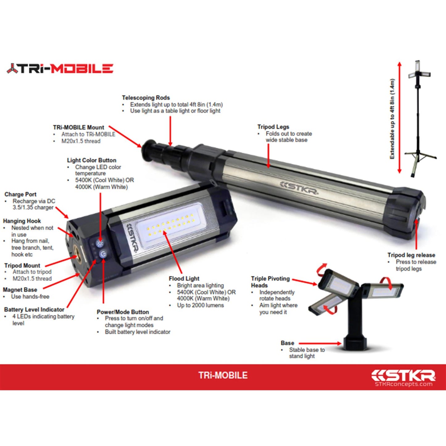 STKR Tri-Mobile Work Light with Tripod - 2000 Lumen  12681_880904