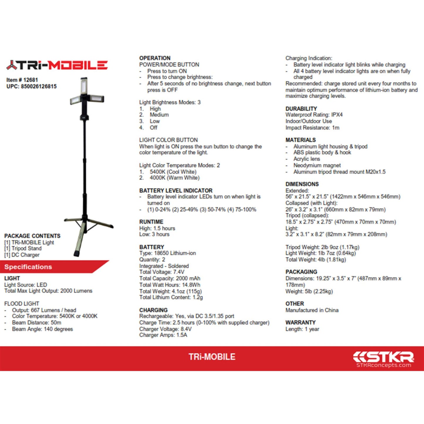 STKR Tri-Mobile Work Light with Tripod - 2000 Lumen  12681_880905