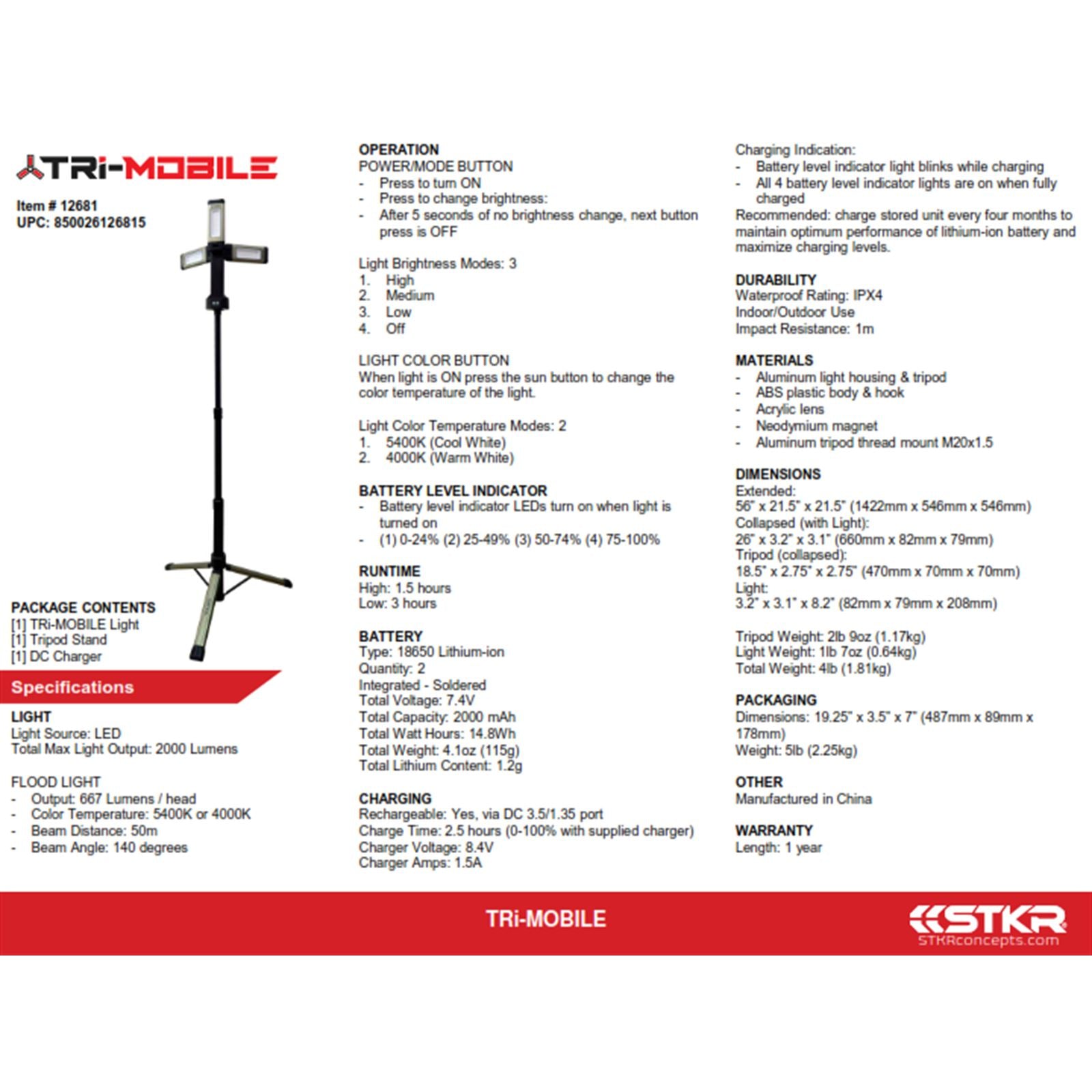 STKR Tri-Mobile Work Light with Tripod - 2000 Lumen  12681_880905