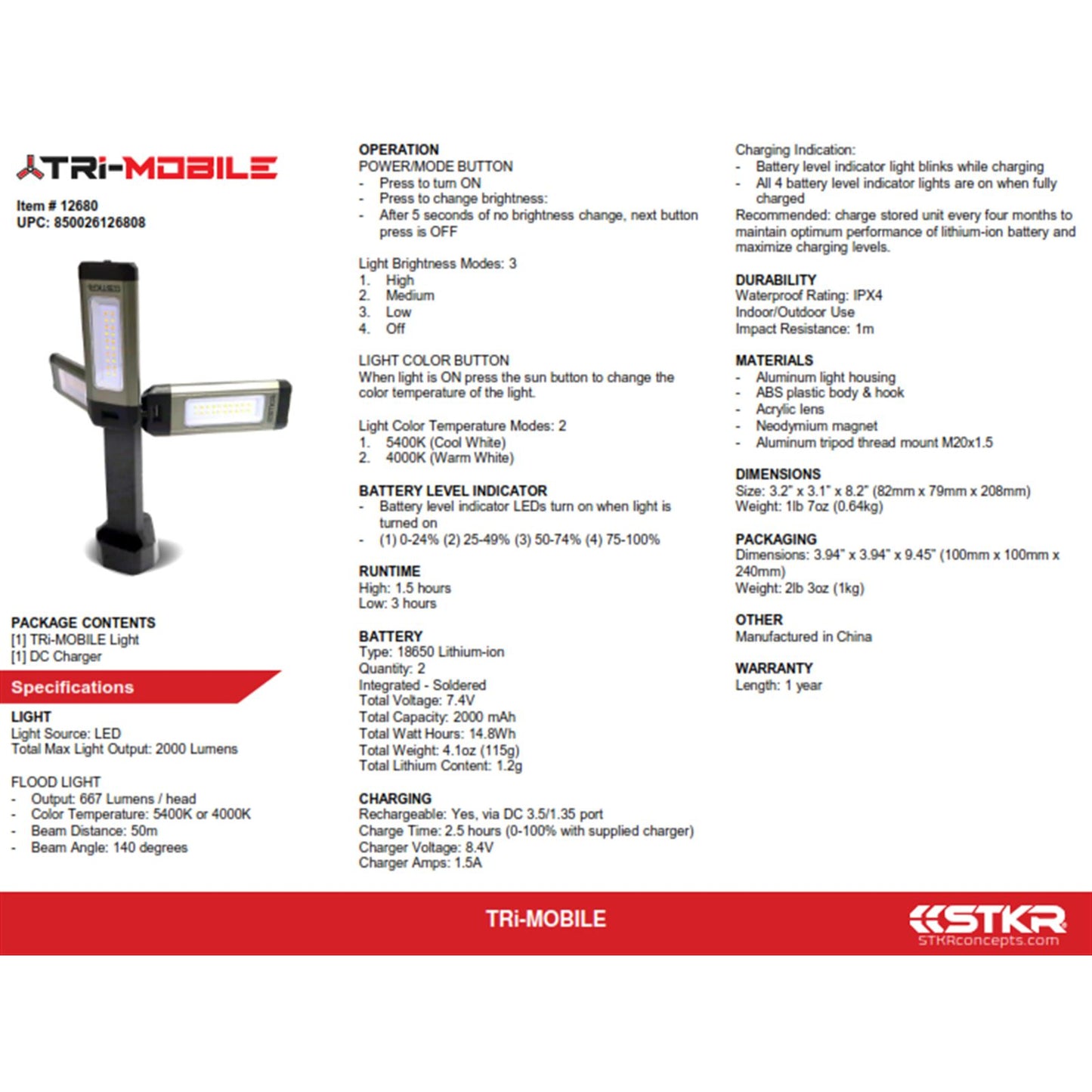 STKR Tri-Mobile Work Light - 2000 Lumen 12680_880910