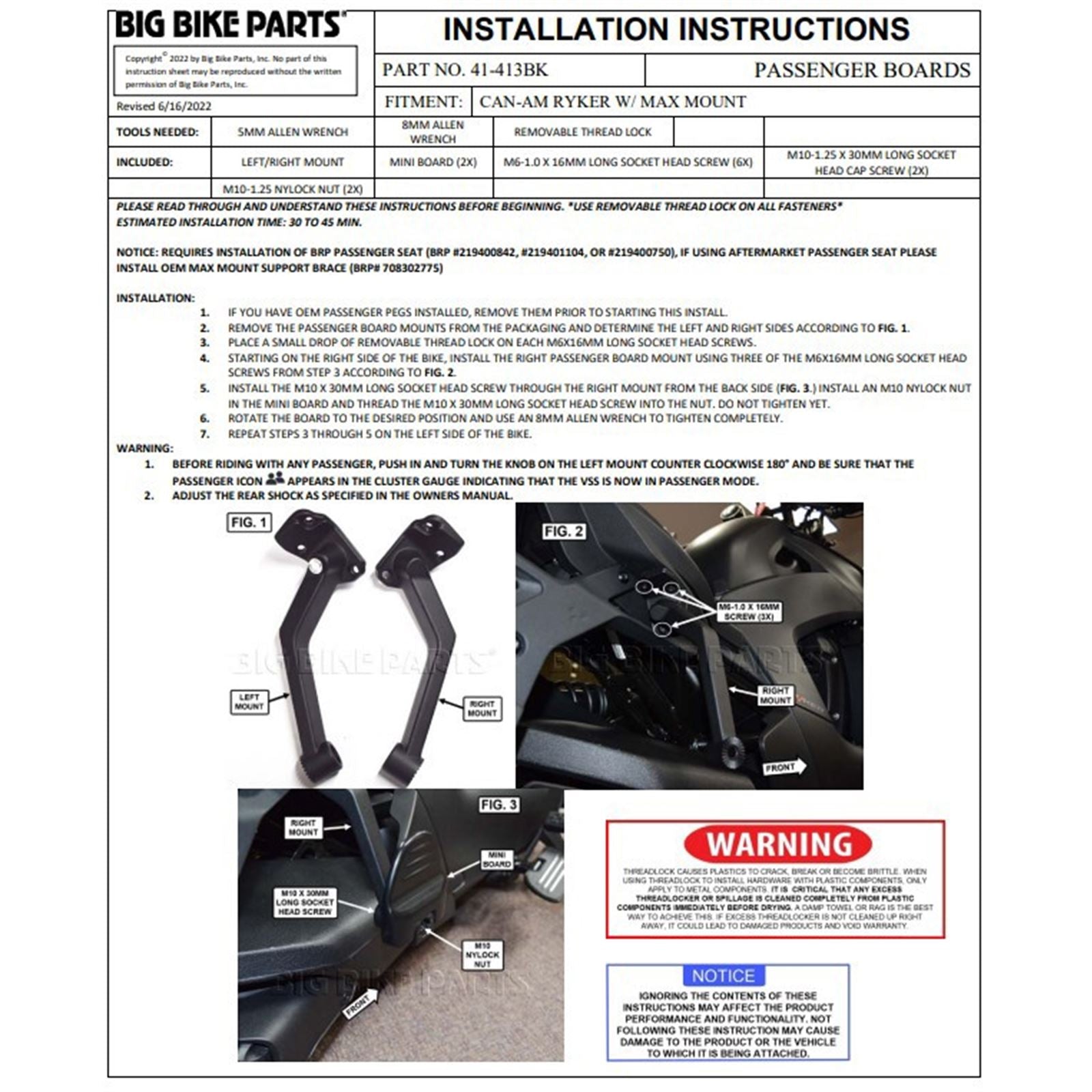 Show Chrome Adjustable Passenger Boards for Can-Am Ryker - Black 41-413BK_1172273