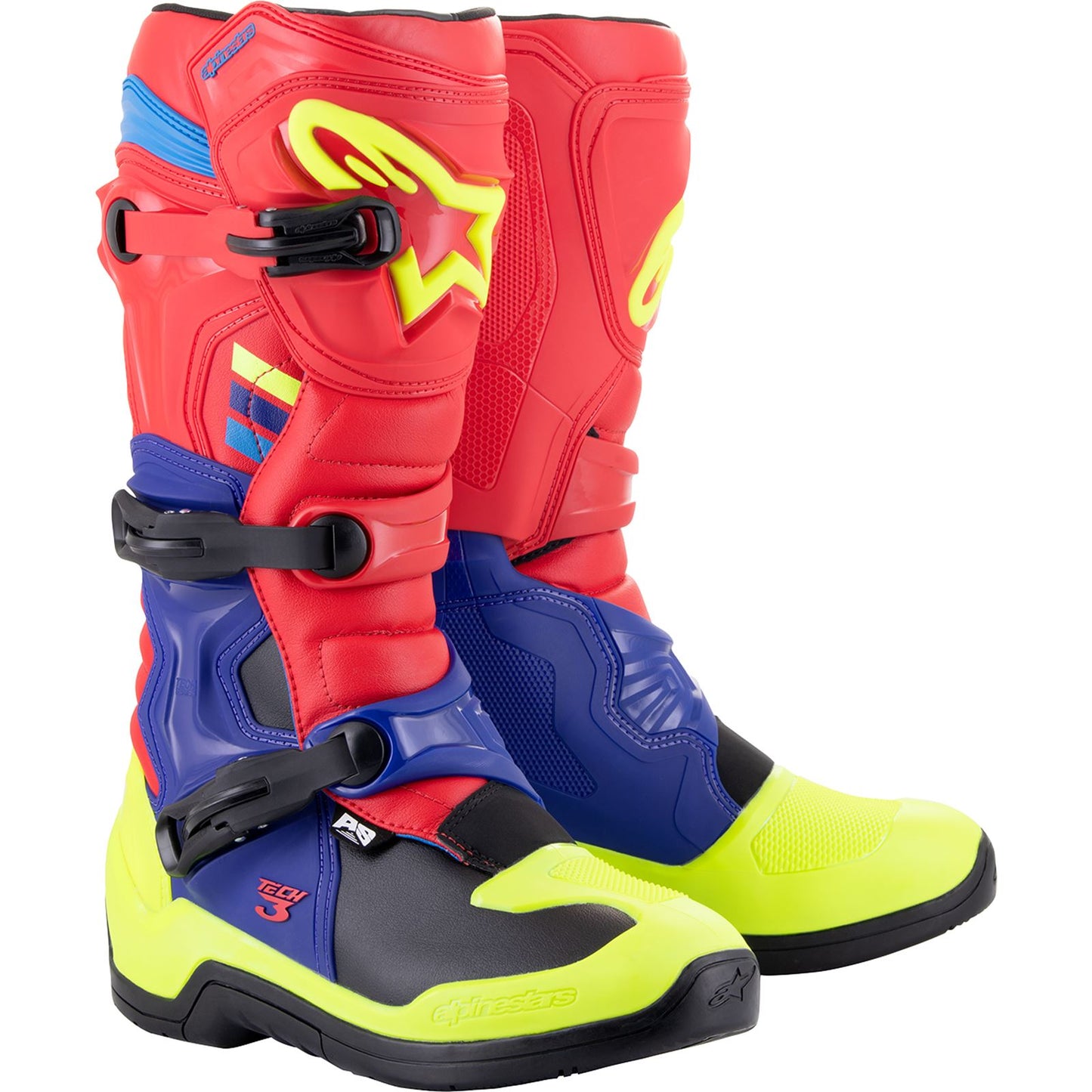 Alpinestars Tech 3 Boots - Red/Blue/Yellow Fluorescent - Size 12 CLOSEOUT [MPN: 2013018-3375-12]_1781443