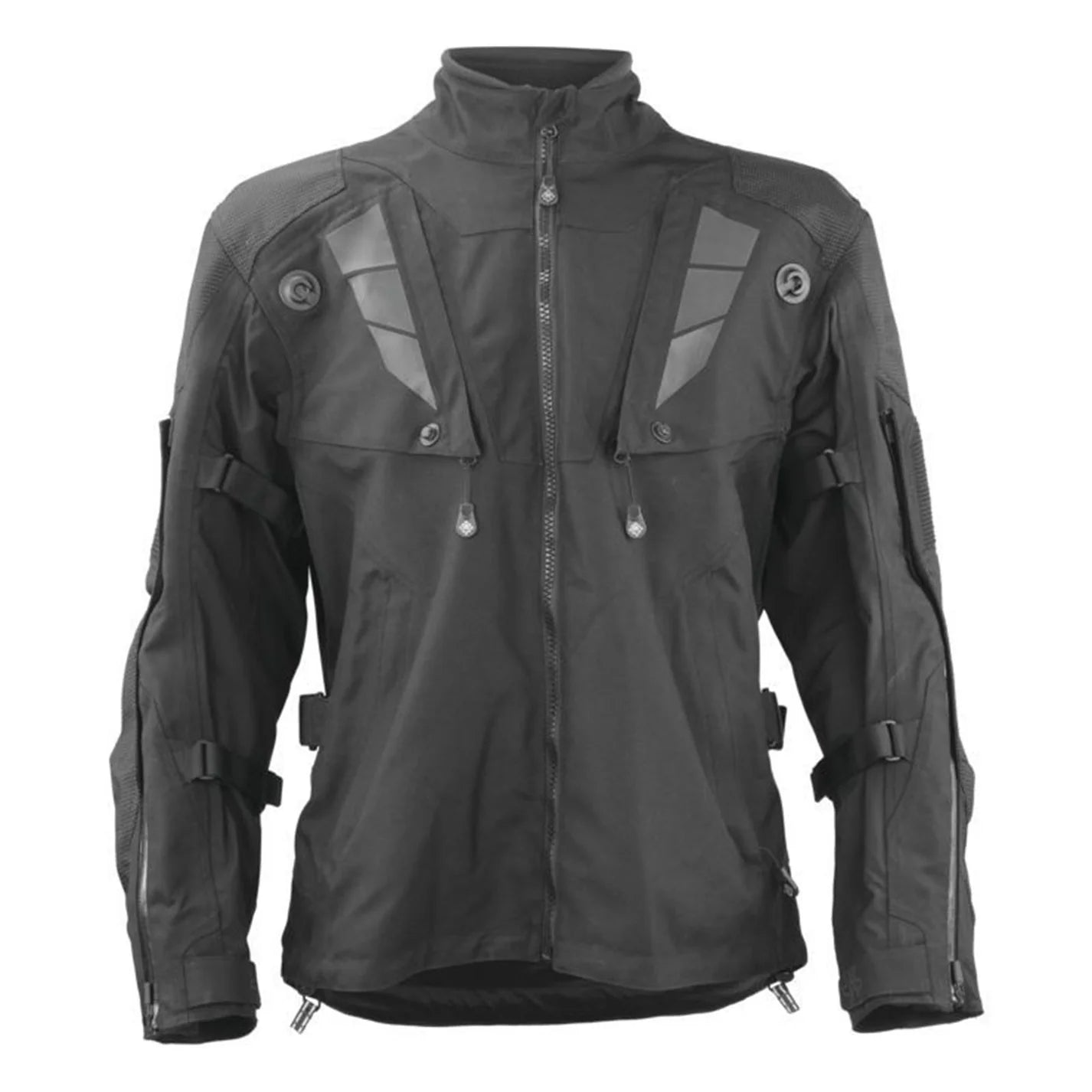 Black tactical jacket with various pockets and zippers on a white background