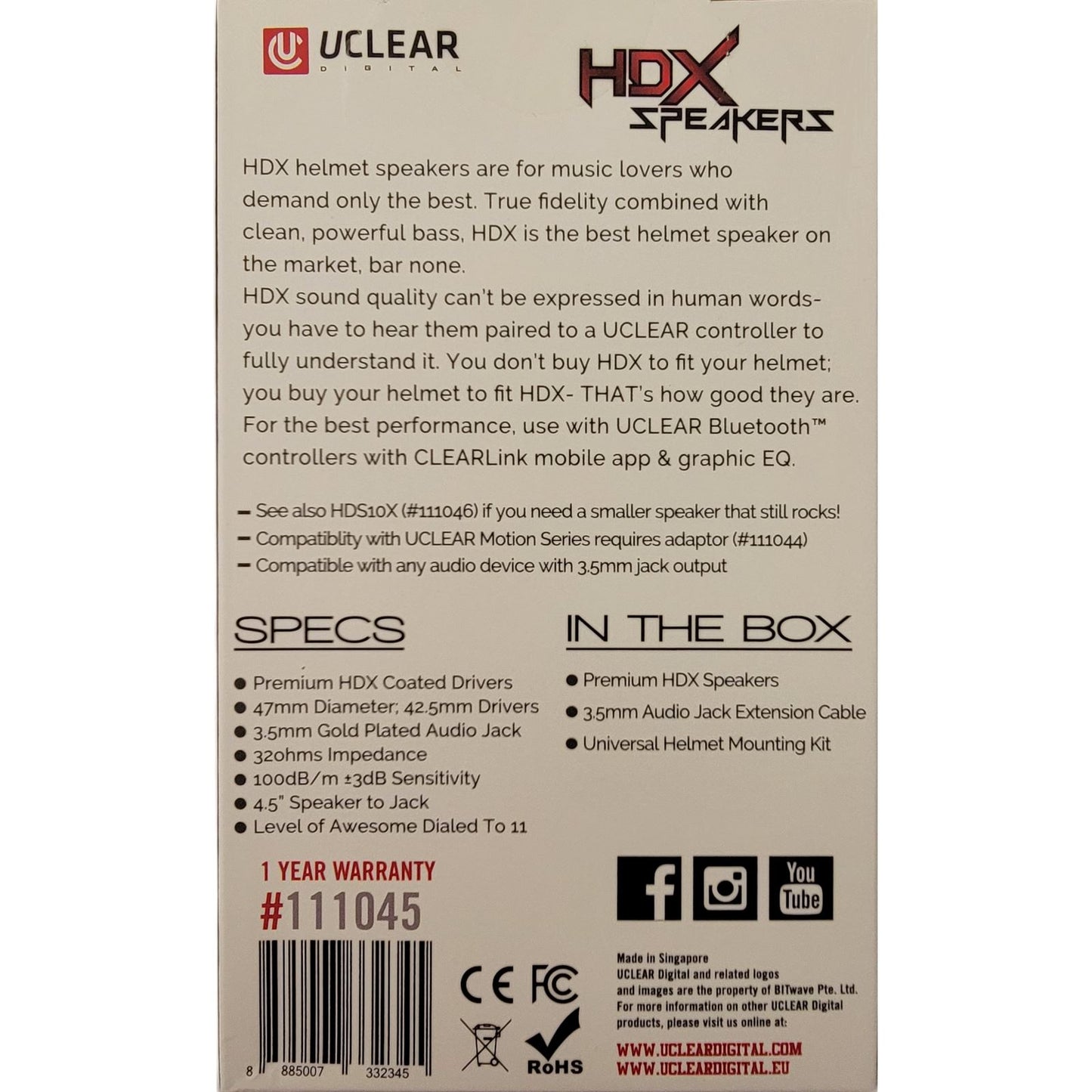 UClear HDX Helmet Speakers 47mm Diameter 3.5mm Jack OPEN BOX [MPN: 111045]_2110330