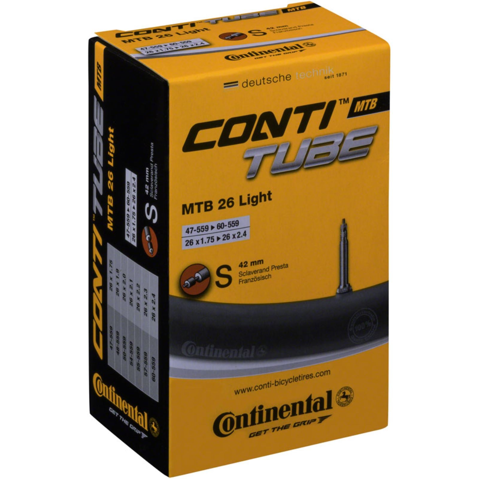 Continental Tire - Bicycle Light Tube - 26 x 1.75 - 2.5, 42mm Presta Valve [MPN: C1500726]_1410069