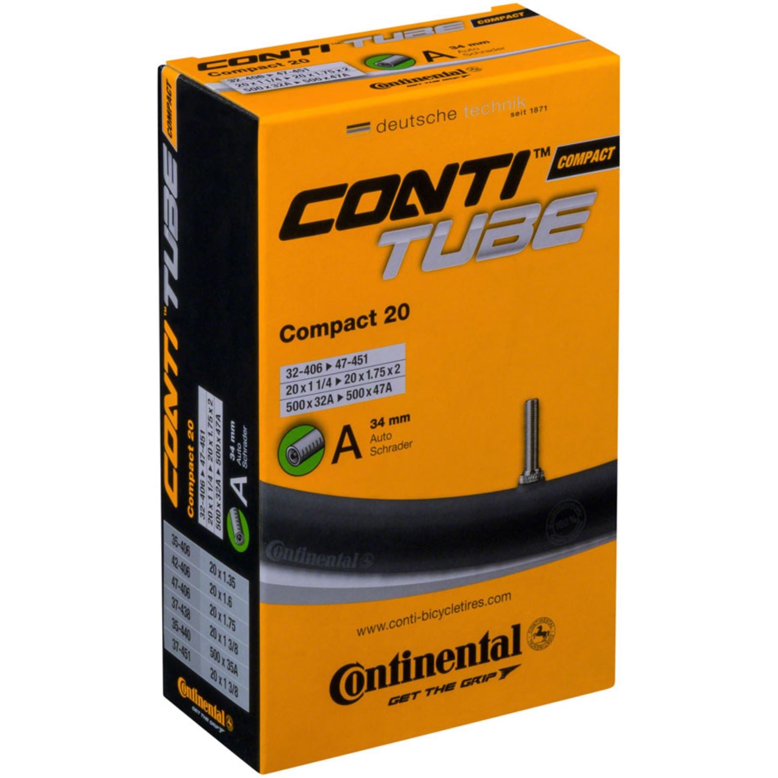 Continental Tire - Bicycle Standard Tube - 20 x 1-1/4 - 1-1/2, 34mm Schrader Valve [MPN: C1500113]_1410681