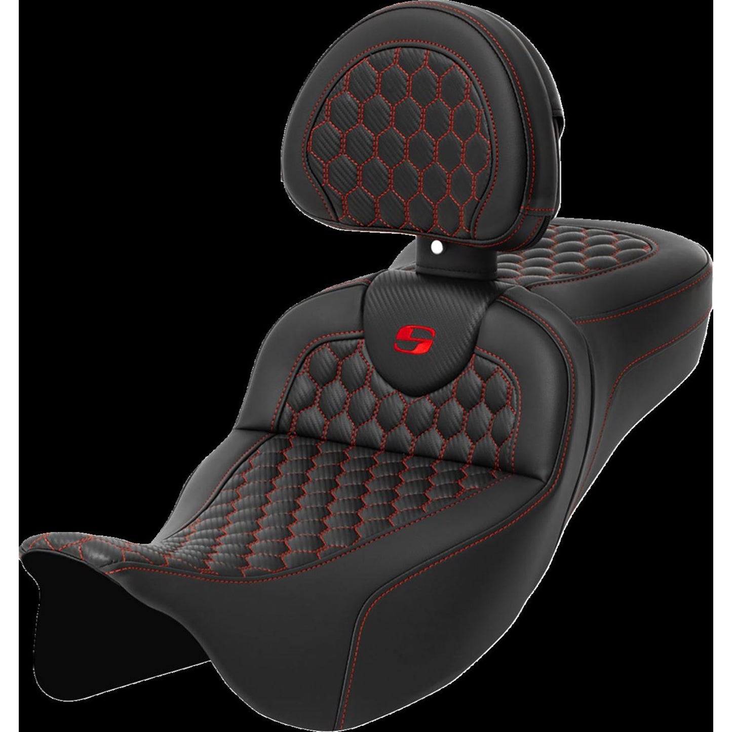 Saddlemen RoadSofa™ Seat -Honeycomb-Red Stitch-w/Backrest-Extended Reach A808-07R-190RED_1473369