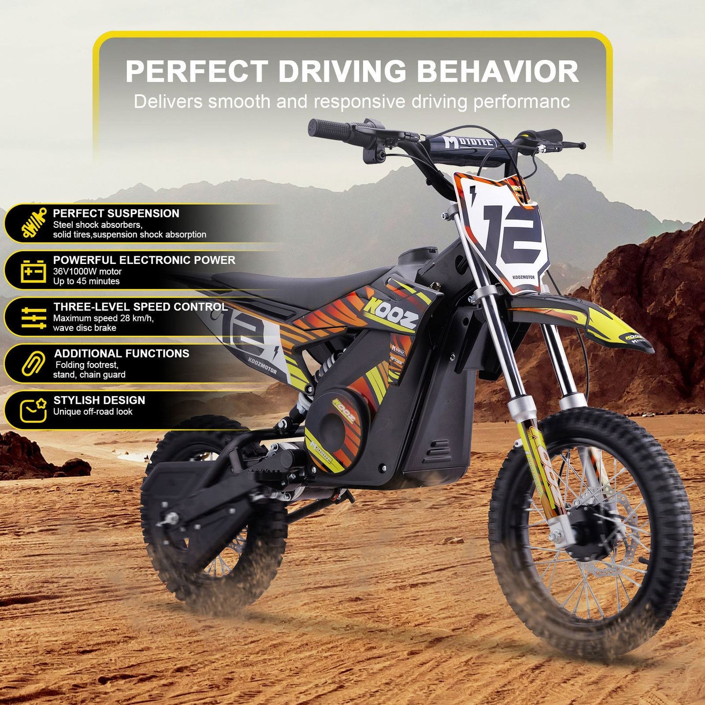 MotoTec USA 36v 1000w (HP112E) Electric Dirt Bike - Orange [MPN: Dirt-Bike-36v-1000w-HP112E_Orange]_1768440