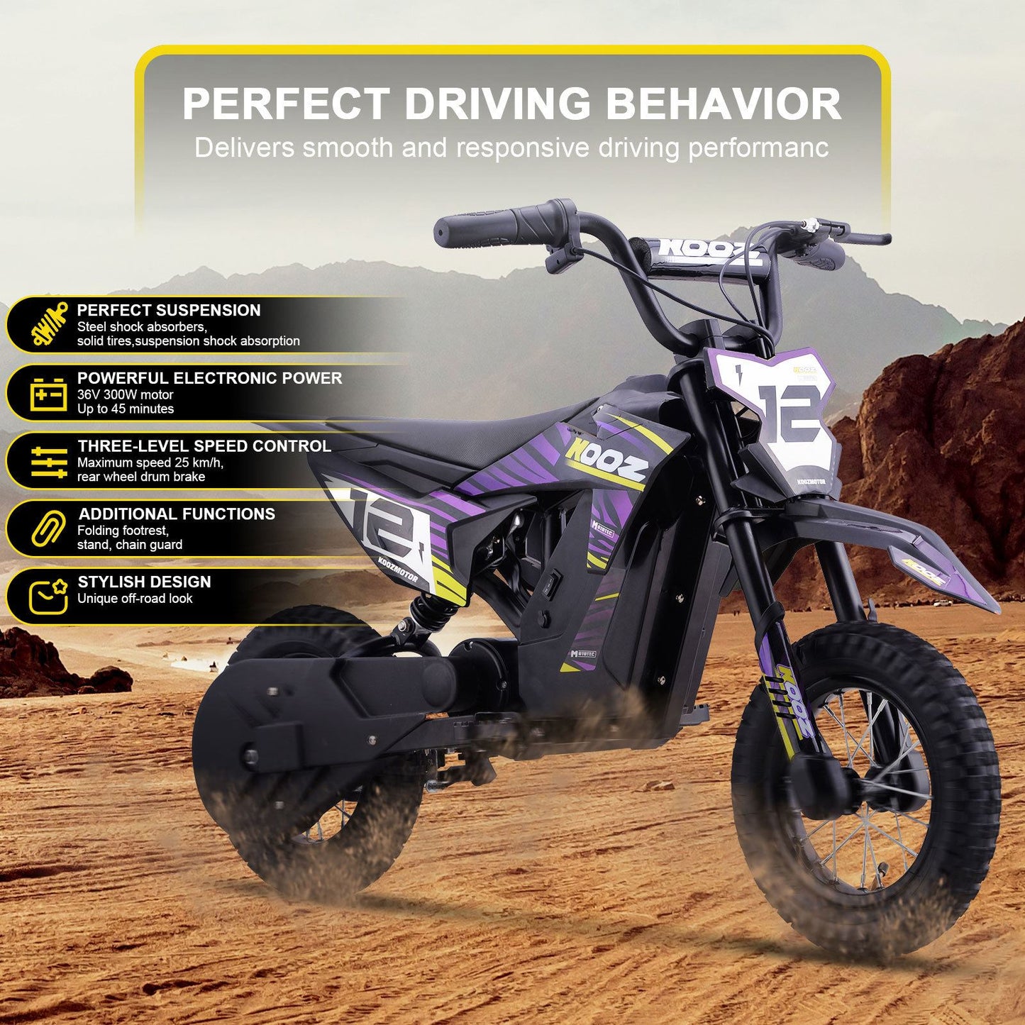 MotoTec USA 36v 300w (HP122E) Electric Dirt Bike - Purple [MPN: Dirt-Bike-36v-300w-HP122E_Purple]_1540557