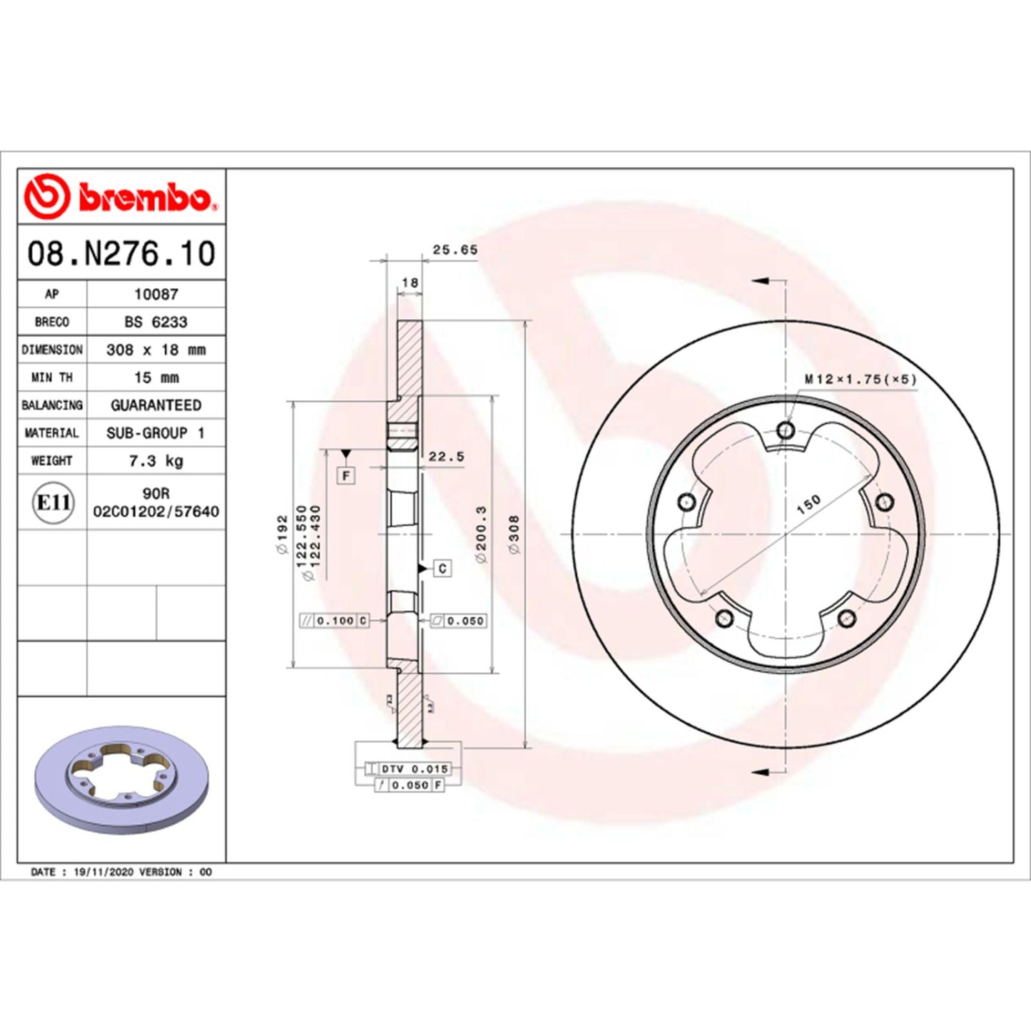 Brembo OE - Automotive Front UV Coated Rotor fits 2015 Nissan Leaf/15-20 Nissan Rogue [MPN: 08.N276.10]_1998359