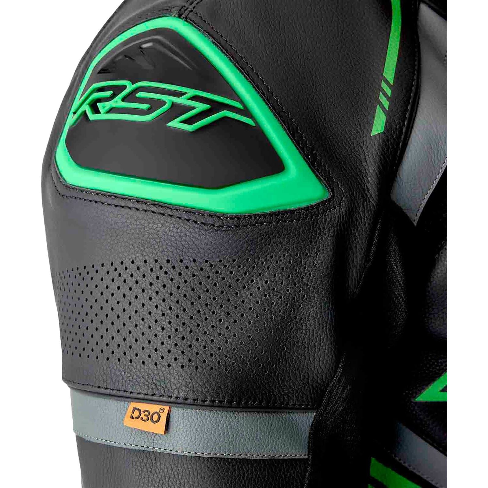 RST Moto S1 D3O Motorcycle Leather Suit - Black/Grey/Flo Green_1836616