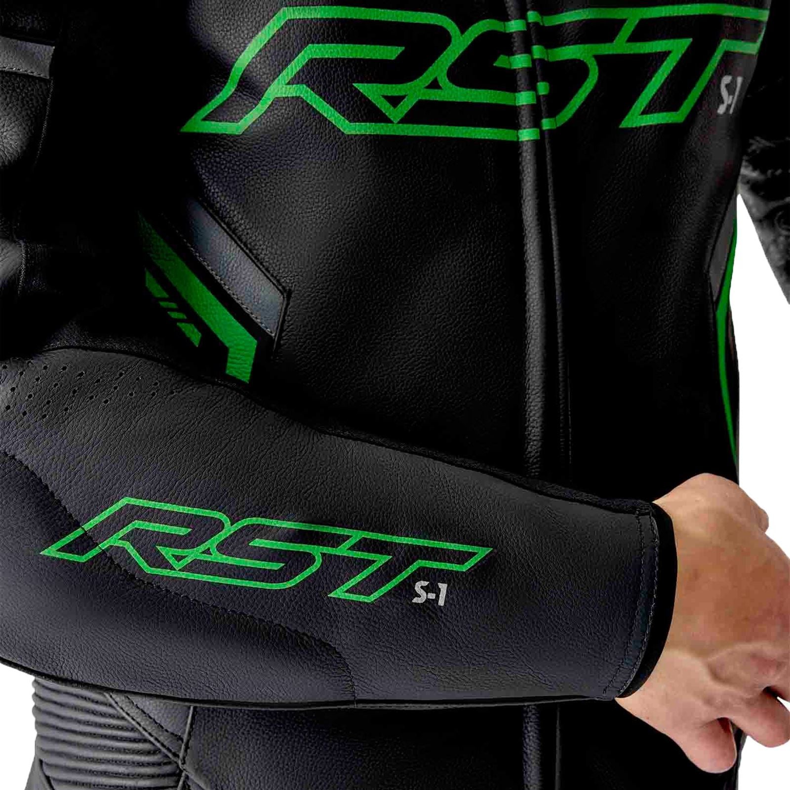 RST Moto S1 D3O Motorcycle Leather Suit - Black/Grey/Flo Green_1836617