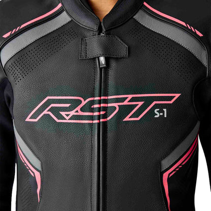 RST Moto S1 D3O Leather Ladies Jacket - Black/Flo Pink_1836923