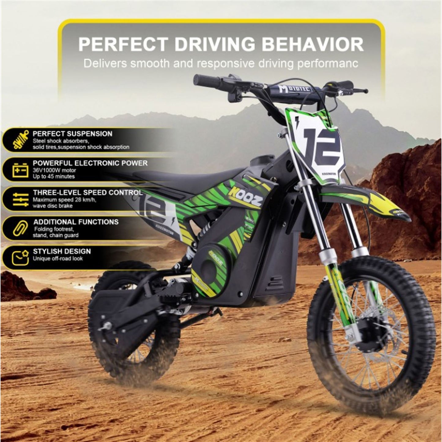 MotoTec USA 36v 1000w (HP112E-PRO) Electric Dirt Bike - Green [MPN: Dirt-Bike-36v-1000w-HP112E-PRO_Green]_1877922