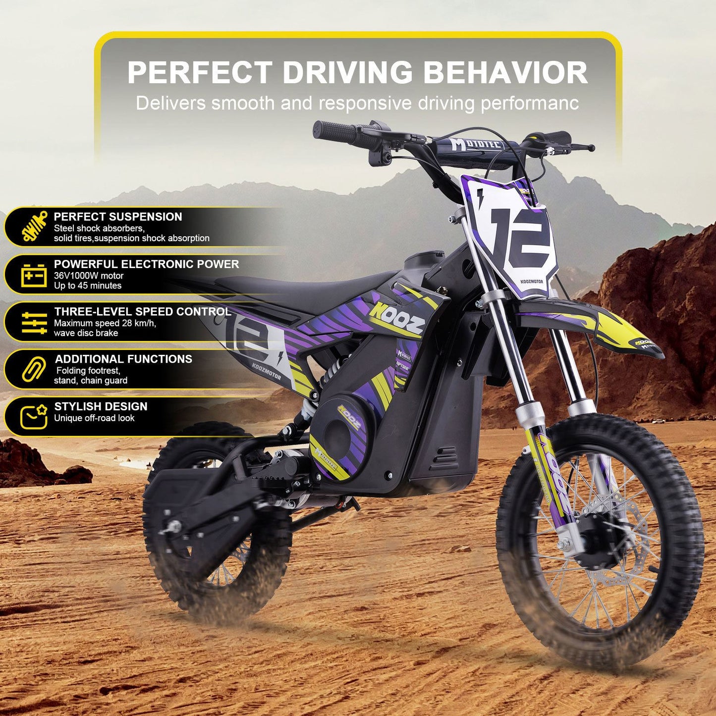 MotoTec USA 36v 1000w (HP112E-PRO) Electric Dirt Bike - Purple [MPN: Dirt-Bike-36v-1000w-HP112E-PRO_Purple]_1877936