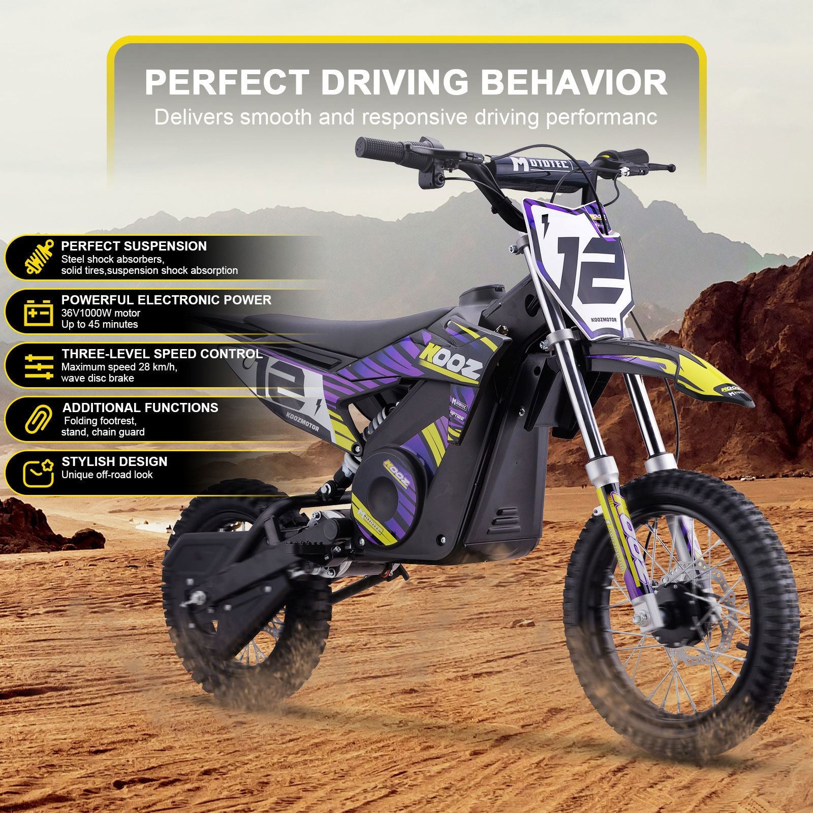MotoTec USA 36v 1000w (HP112E-PRO) Electric Dirt Bike - Purple [MPN: Dirt-Bike-36v-1000w-HP112E-PRO_Purple]_1877936