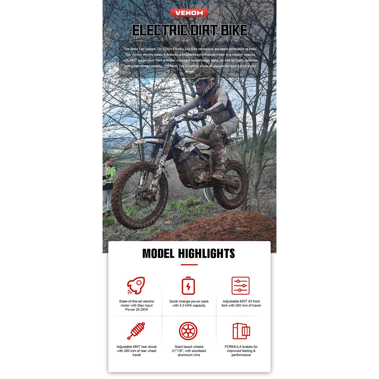 MotoTec USA Venom 72v 12000w Electric Dirt Bike - Black [MPN: MT-Venom-72v-12000w_Black]_2048716