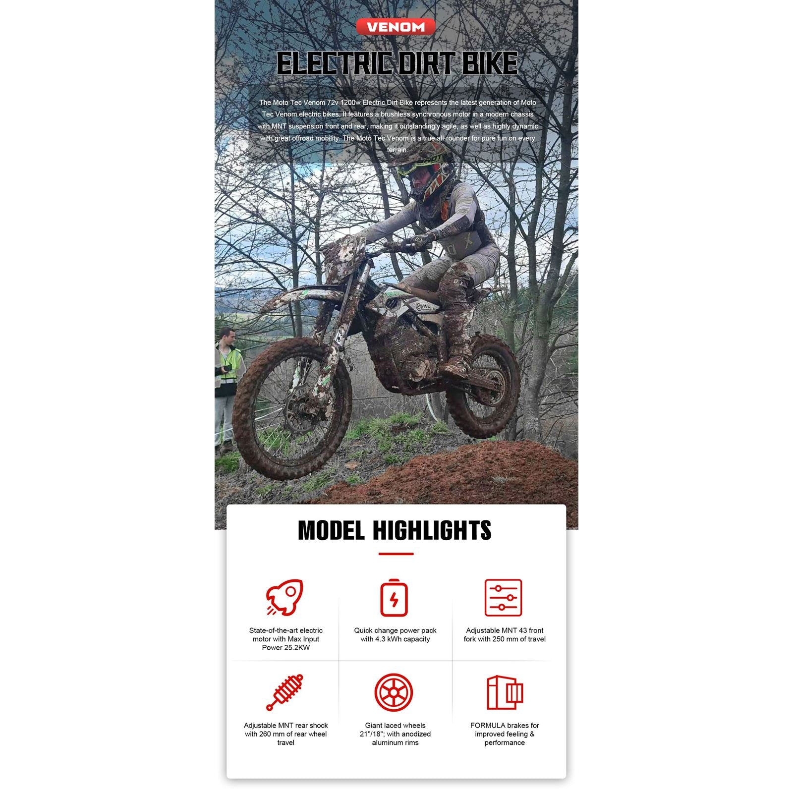 MotoTec USA Venom 72v 12000w Electric Dirt Bike - Black [MPN: MT-Venom-72v-12000w_Black]_2048716