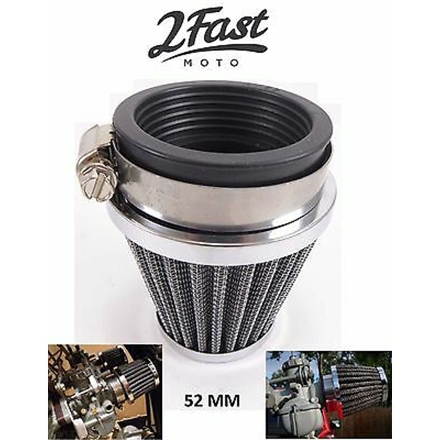 2FastMoto Tapered Pod Style 52mm  Chrome Air Filter For Motorcycles, Scooters 12-55752_625012