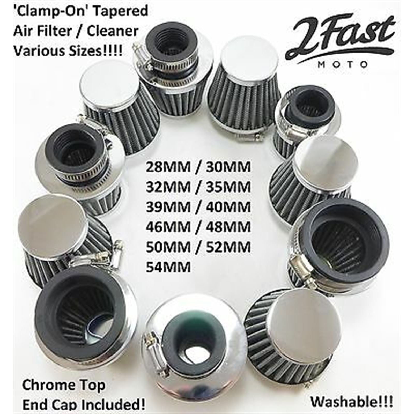2FastMoto Clamp-On Pod Air Filter Chrome Cap Tapered 54MM  23-5754_624939