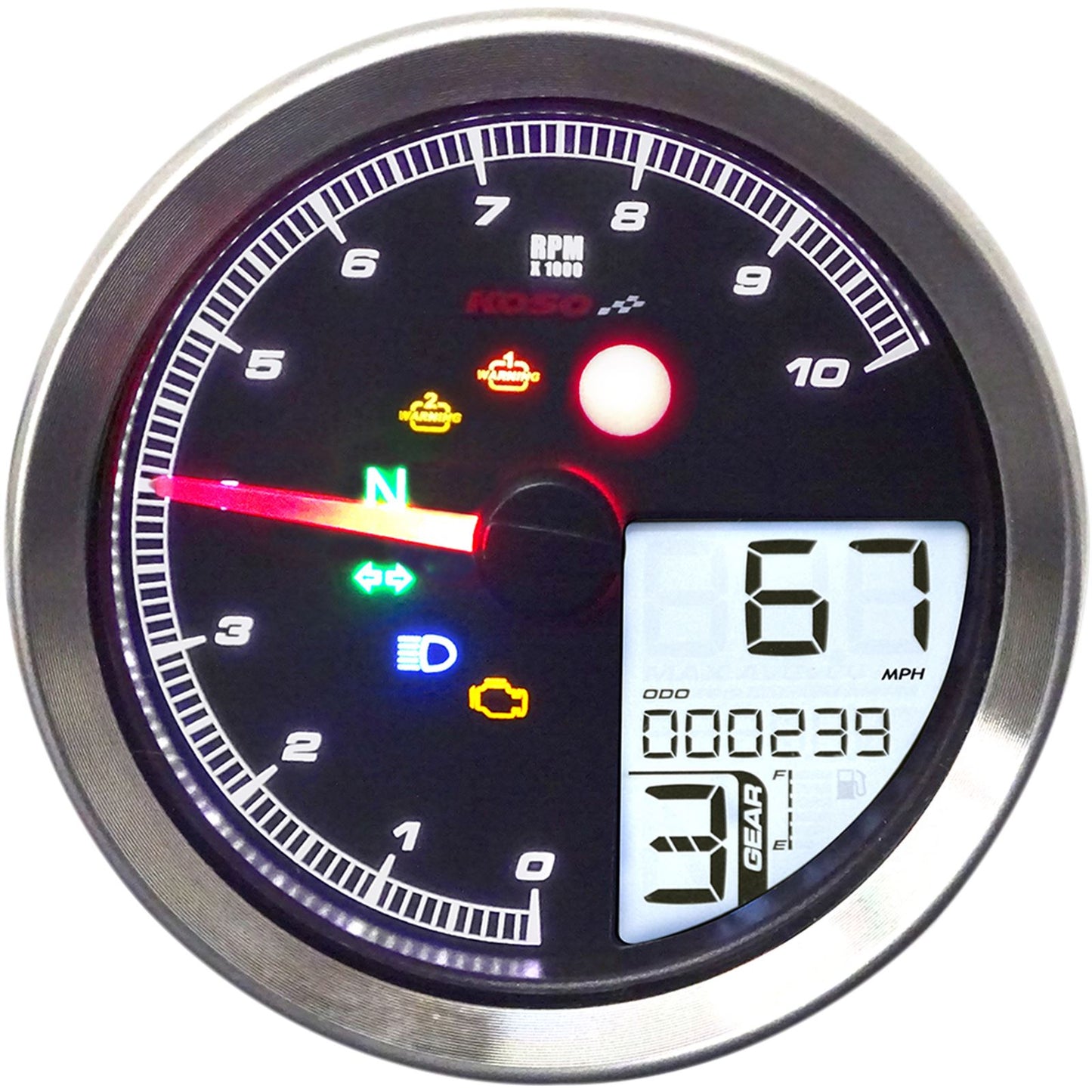Koso TNT-04 Multi-Function Meter - Silver Bezel - 3.30" Diameter x 2.19" D BA051401_410335