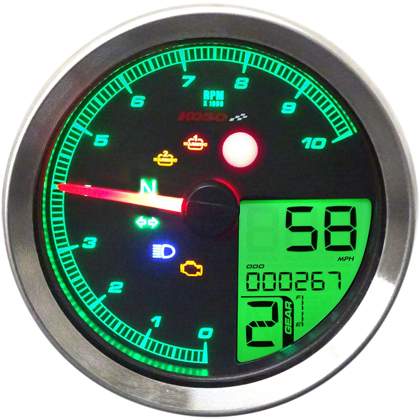 Koso TNT-04 Multi-Function Meter - Silver Bezel - 3.30" Diameter x 2.19" D BA051401_410336