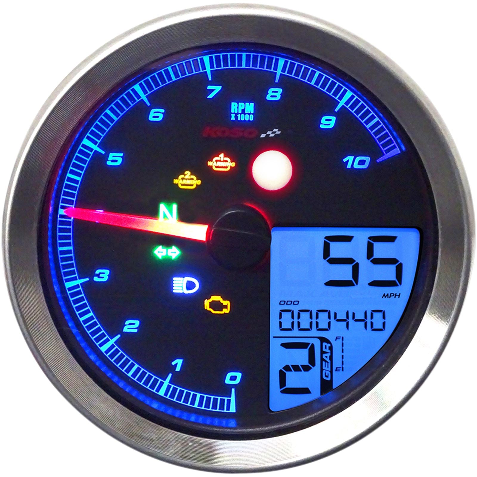 Koso TNT-04 Multi-Function Meter - Silver Bezel - 3.30" Diameter x 2.19" D BA051401_410339