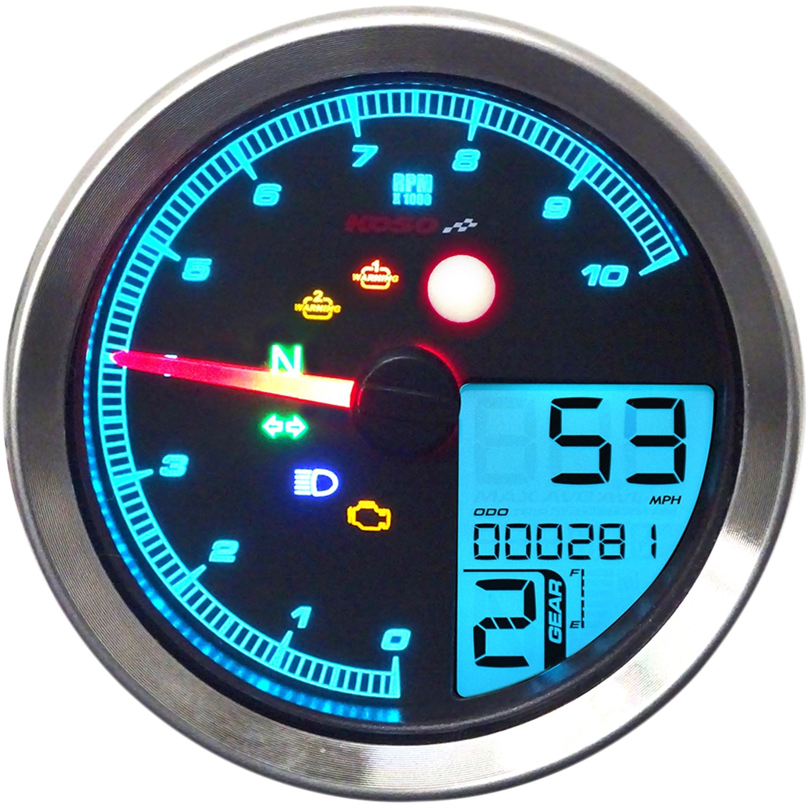Koso TNT-04 Multi-Function Meter - Silver Bezel - 3.30" Diameter x 2.19" D BA051401_410340