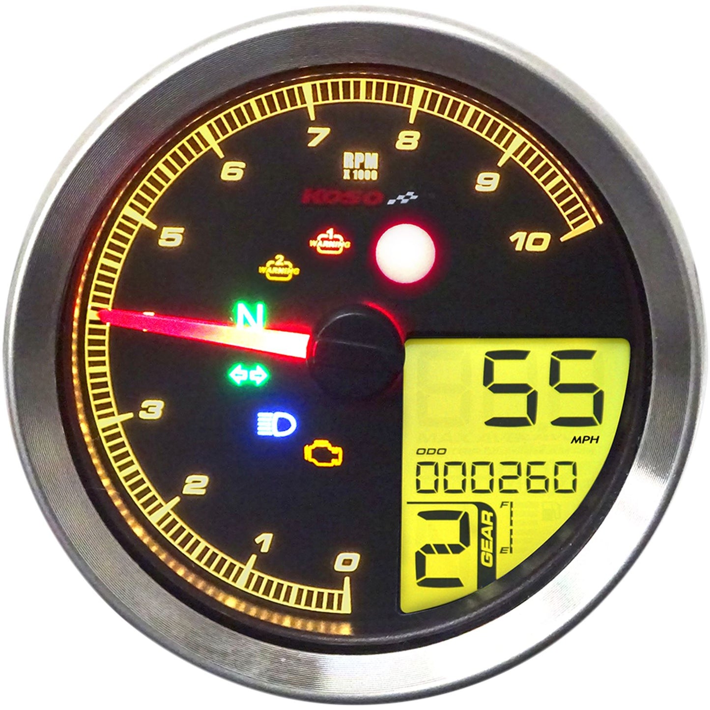 Koso TNT-04 Multi-Function Meter - Silver Bezel - 3.30" Diameter x 2.19" D BA051401_410341