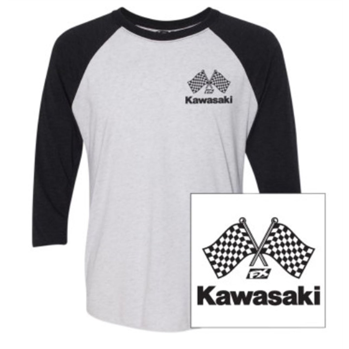 Factory Effex Kawasaki Finish Line Baseball Tee Shirt - White/Black - 2X-Large 23-87128_732040