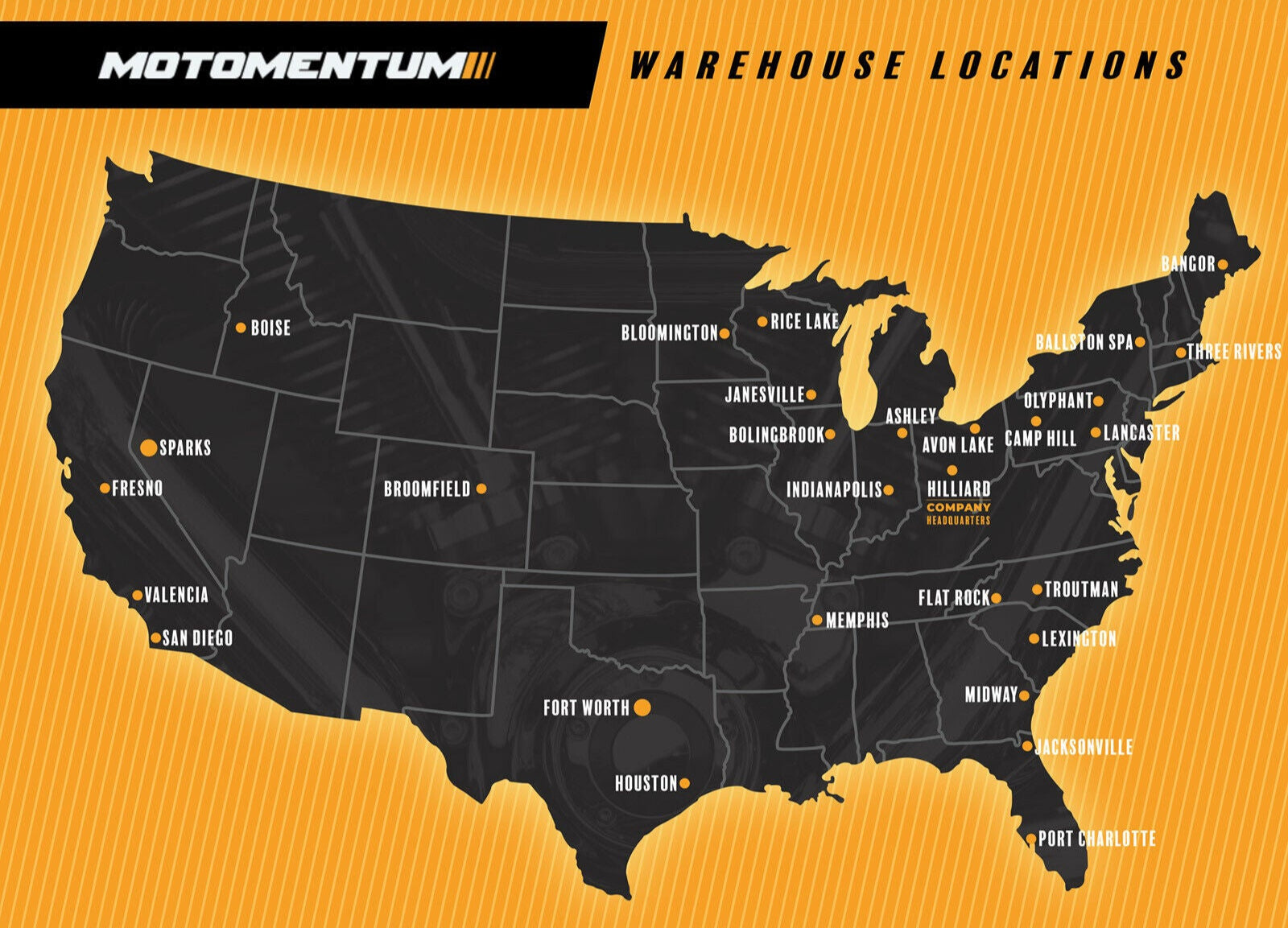 Map of the United States with warehouse locations marked, featuring the Motomentum logo.
