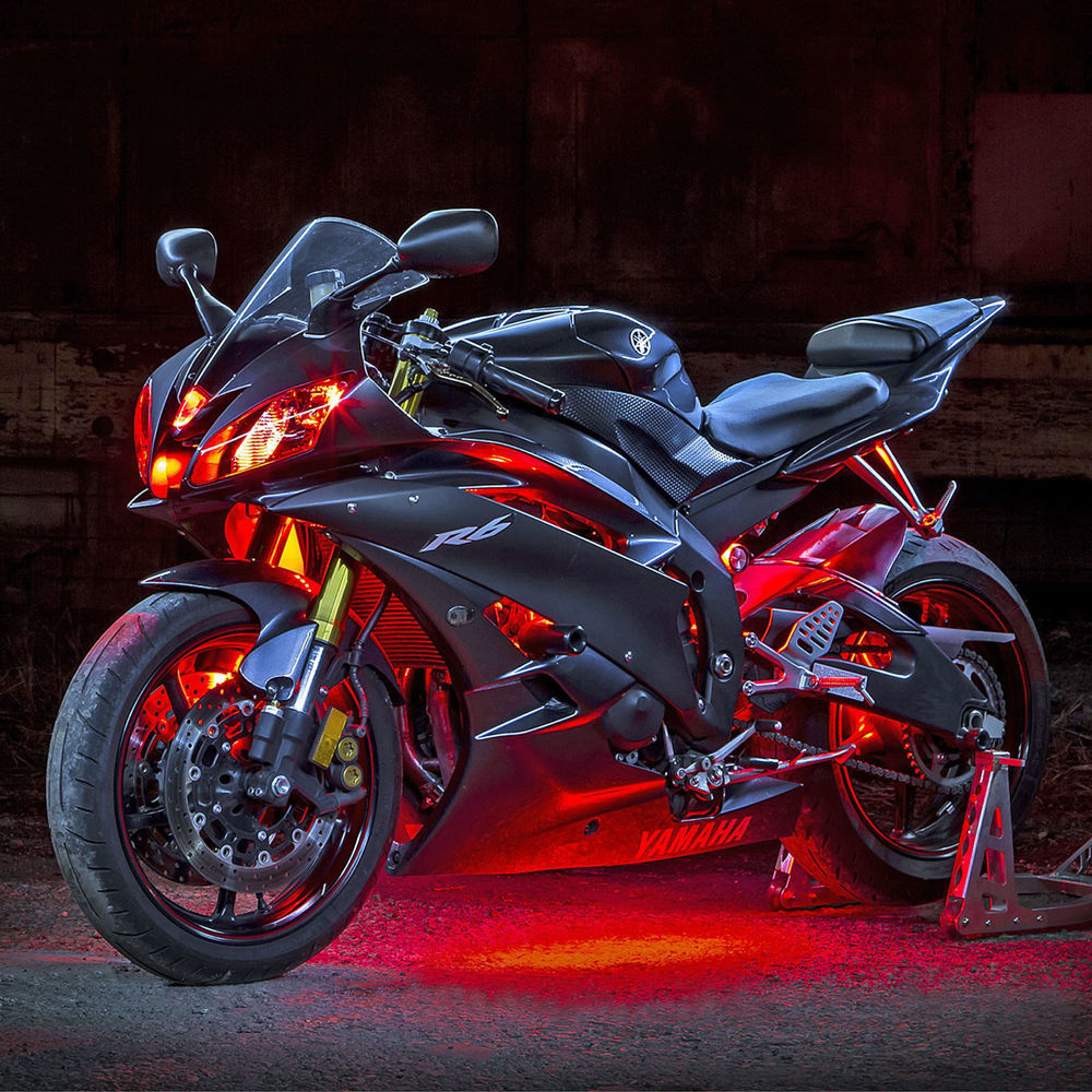motorcycle lined with LED lights in several places